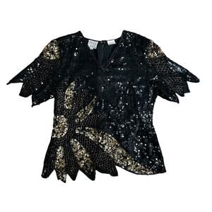 Vintage 1980s Stenay Nwt Sequined Beaded Evening Top Black Silk Medium